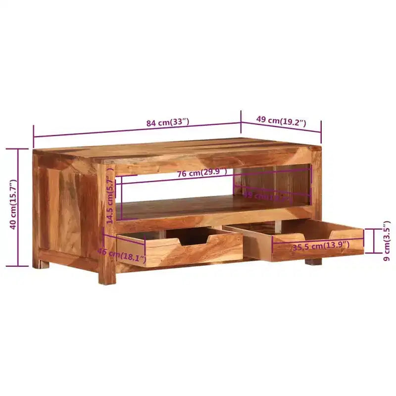 Tavolino da caffè in legno di acacia con cassetti e ripiano