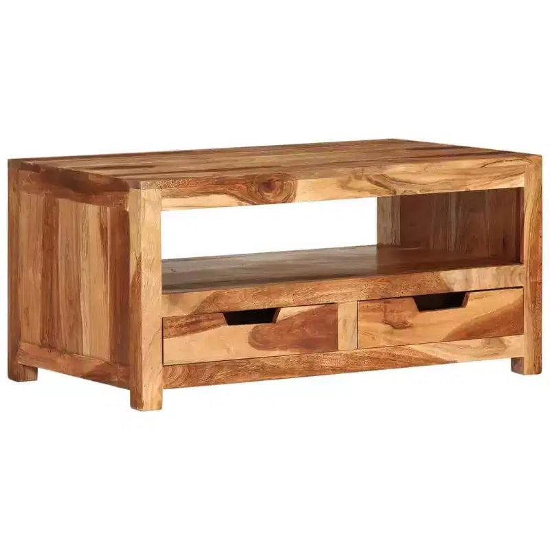 Tavolino da caffè in legno di acacia con cassetti e ripiano