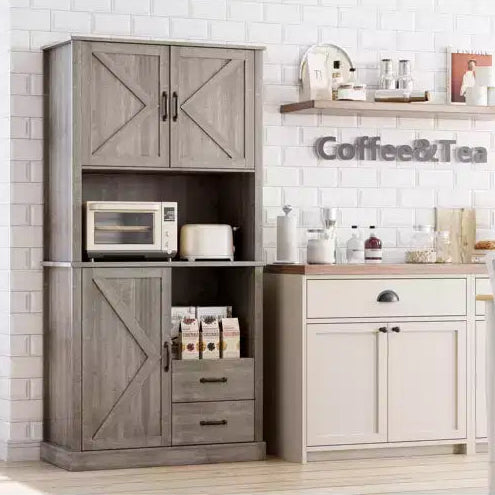 Modern Kitchen Sideboard with Microwave Stand, Tall Wooden Bar Cabinet with Drawers and Adjustable Shelves for Dining and Living Room, Pastoral Grey