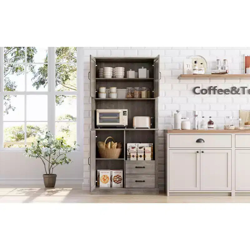 Credenza da Cucina con Cassetti, Ripiani Aperti e Contenitore Regolabile