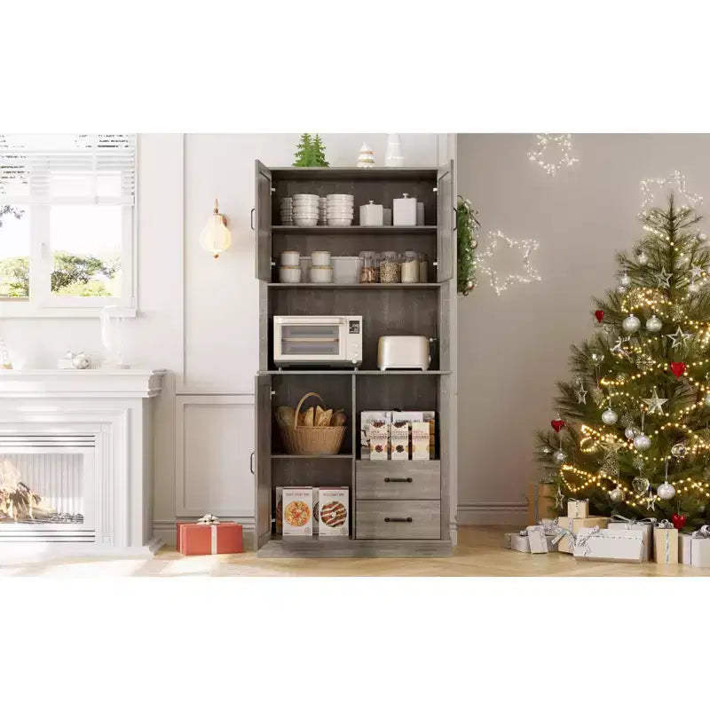 Credenza da Cucina con Cassetti, Ripiani Aperti e Contenitore Regolabile