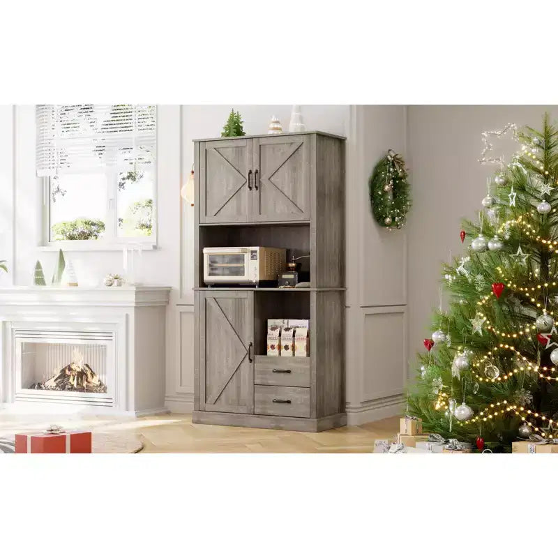 Credenza da Cucina con Cassetti, Ripiani Aperti e Contenitore Regolabile