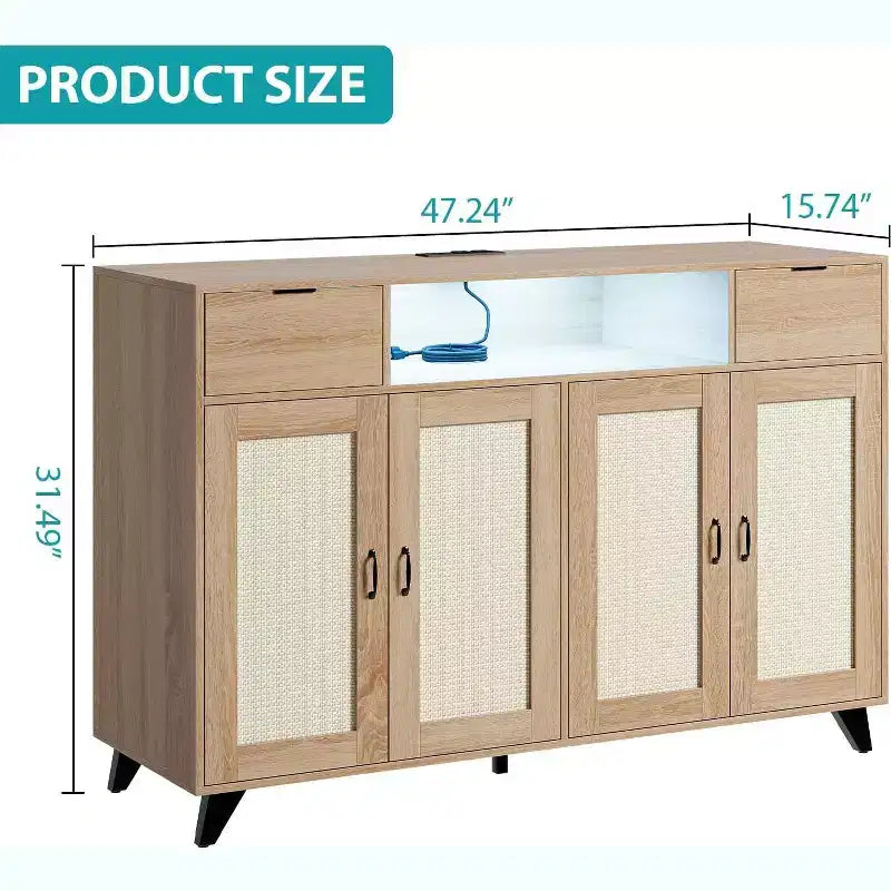 Madia/Credenza in Rattan con Stazione di Ricarica e Luci LED