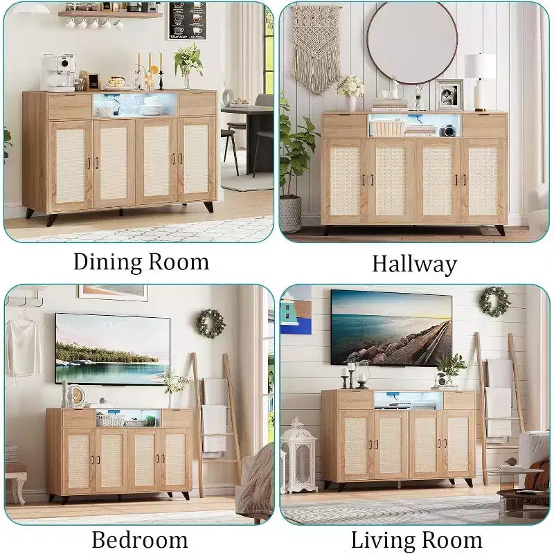 Madia/Credenza in Rattan con Stazione di Ricarica e Luci LED