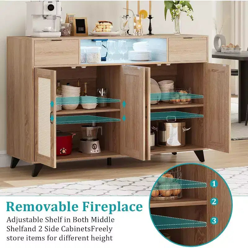 Madia/Credenza in Rattan con Stazione di Ricarica e Luci LED