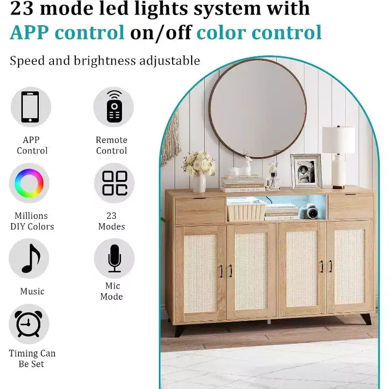 Madia/Credenza in Rattan con Stazione di Ricarica e Luci LED