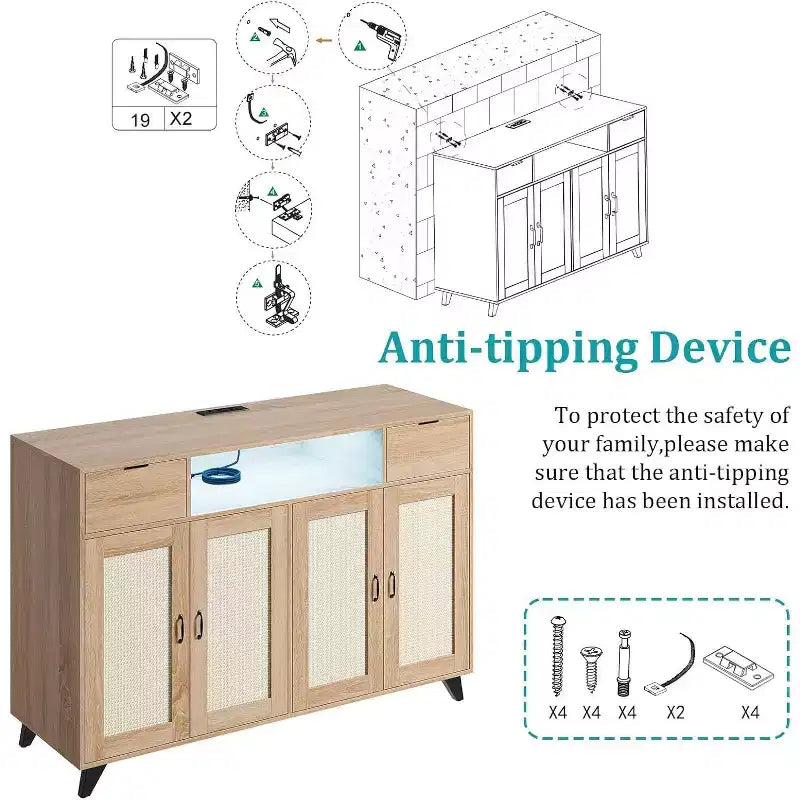 Madia/Credenza in Rattan con Stazione di Ricarica e Luci LED