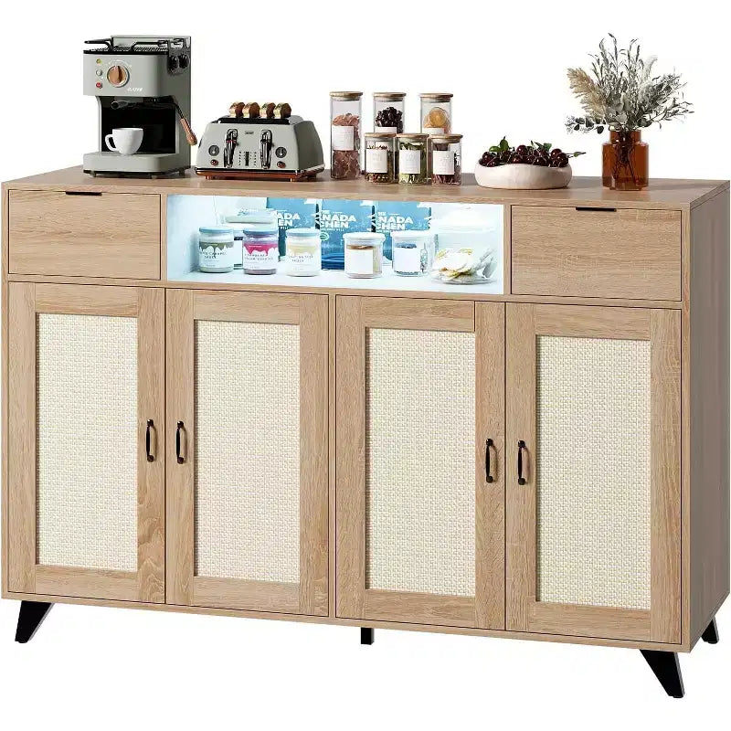 Madia/Credenza in Rattan con Stazione di Ricarica e Luci LED