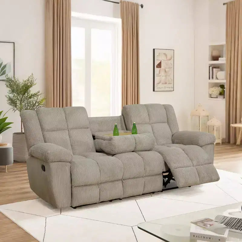 Divano Reclinabile a 3 Posti con Schienali Regolabili – Rivestimento in Velluto a Coste, Beige