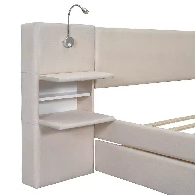 Letto matrimoniale con cassetti contenitore, mensole, letto estraibile e luci da lettura