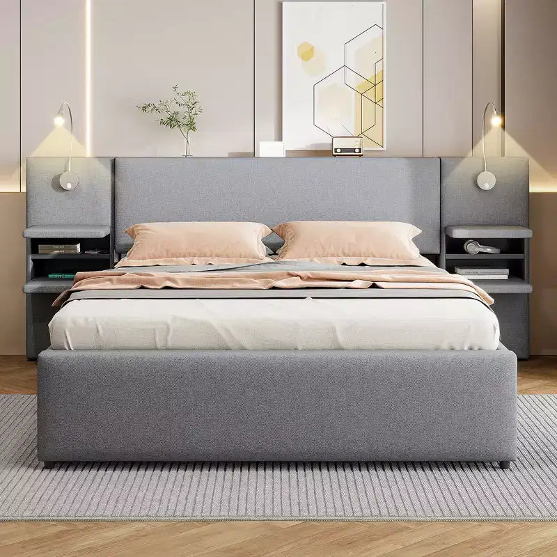 Letto matrimoniale con cassetti contenitore, mensole, letto estraibile e luci da lettura