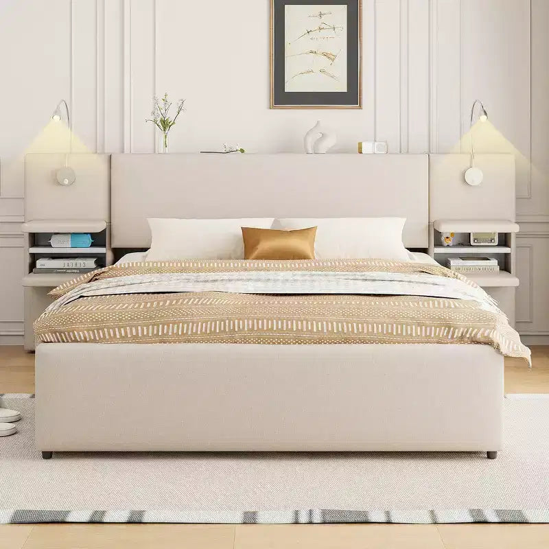 Letto matrimoniale con cassetti contenitore, mensole, letto estraibile e luci da lettura