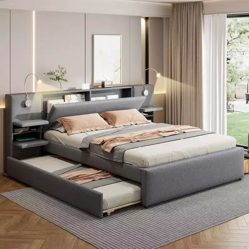 Letto matrimoniale con cassetti contenitore, mensole, letto estraibile e luci da lettura