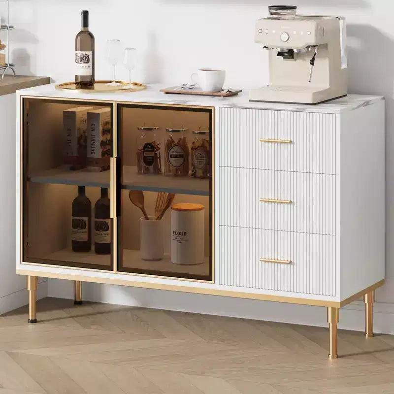 Mobile credenza con piano effetto marmo e ante in vetro
