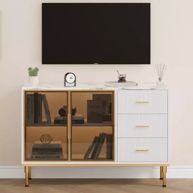 Mobile credenza con piano effetto marmo e ante in vetro