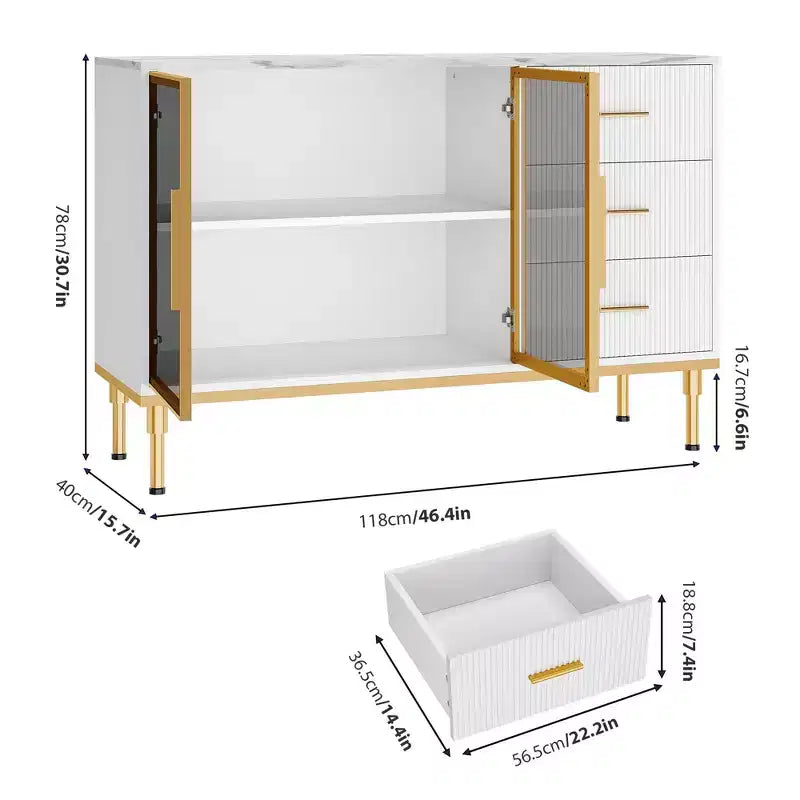 Mobile credenza con piano effetto marmo e ante in vetro