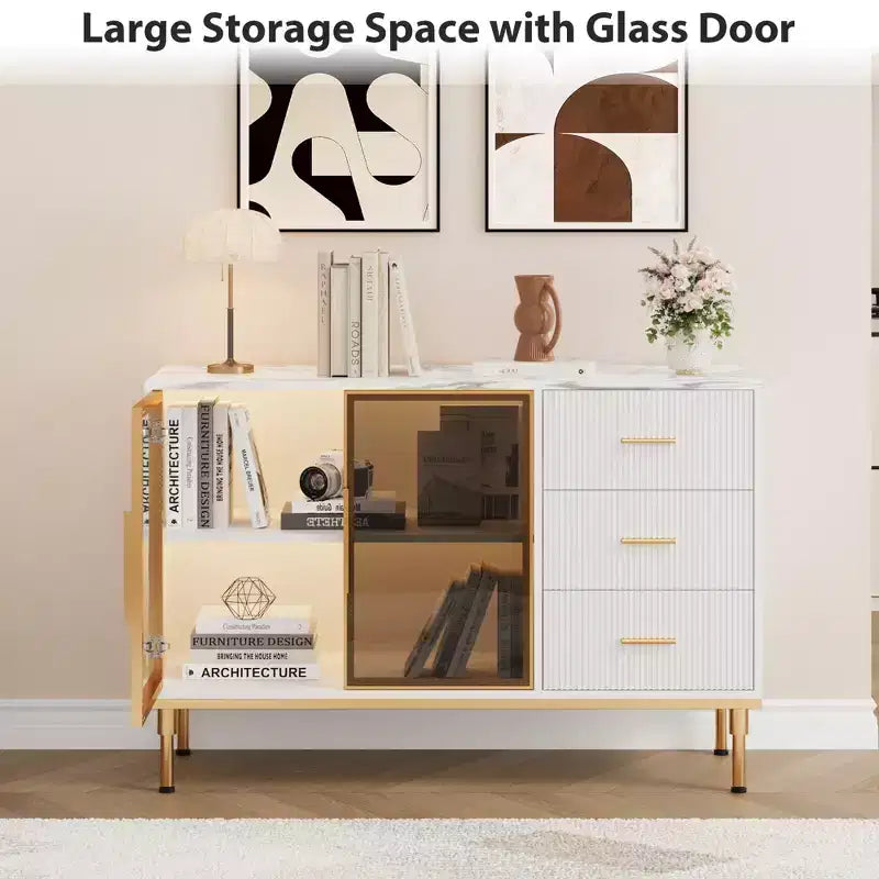 Mobile credenza con piano effetto marmo e ante in vetro