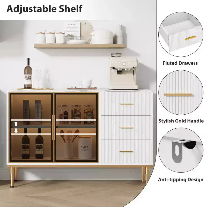 Mobile credenza con piano effetto marmo e ante in vetro