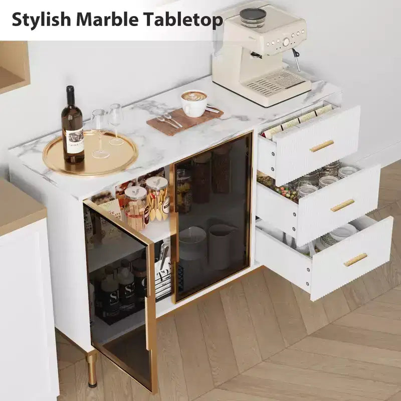 Mobile credenza con piano effetto marmo e ante in vetro