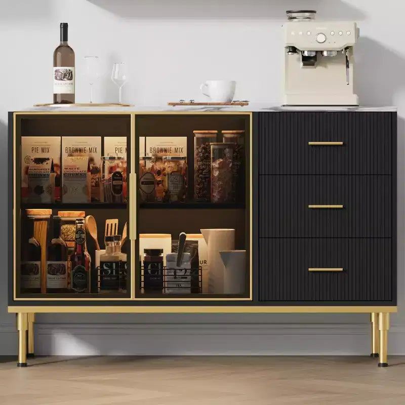 Mobile credenza con piano effetto marmo e ante in vetro
