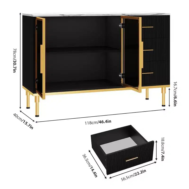 Mobile credenza con piano effetto marmo e ante in vetro