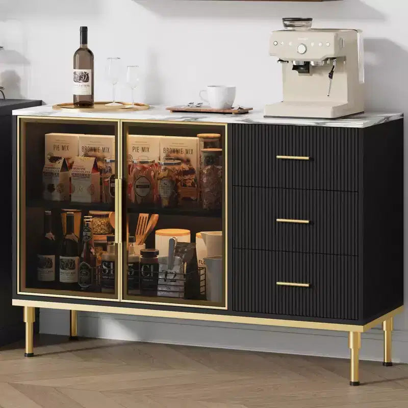 Mobile credenza con piano effetto marmo e ante in vetro