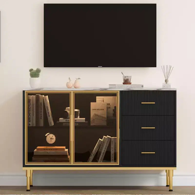 Mobile credenza con piano effetto marmo e ante in vetro