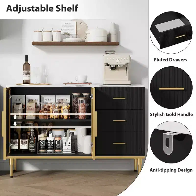 Mobile credenza con piano effetto marmo e ante in vetro