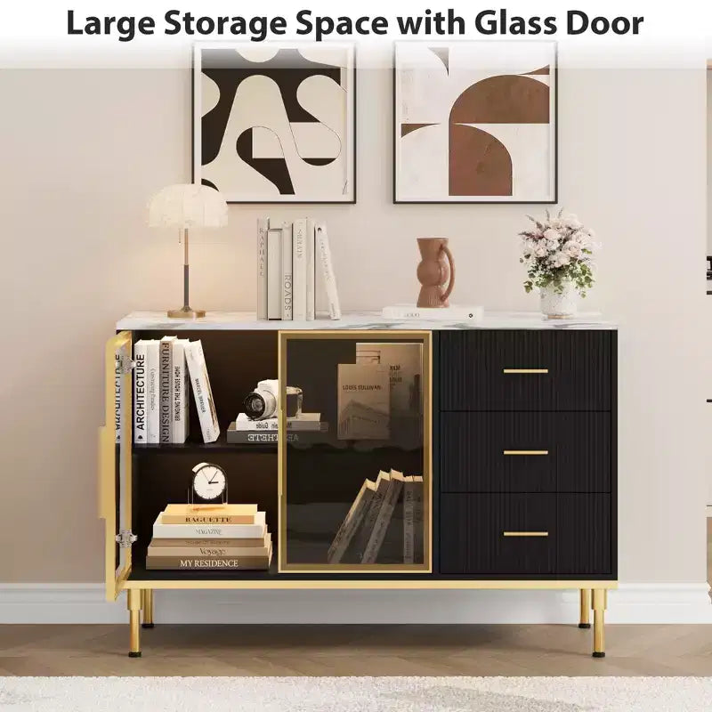 Mobile credenza con piano effetto marmo e ante in vetro