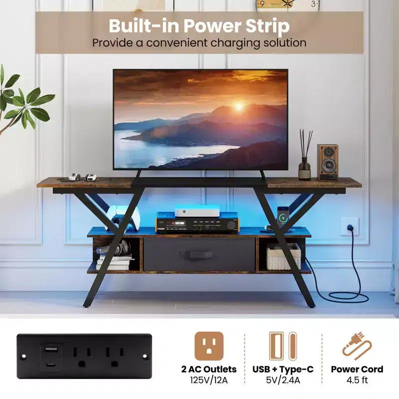 Mobile TV a 3 livelli con luci a LED e prese di corrente integrate – Adatto a TV fino a 65"
