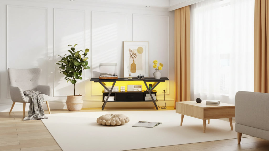 Mobile TV a 3 livelli con luci a LED e prese di corrente integrate – Adatto a TV fino a 65"