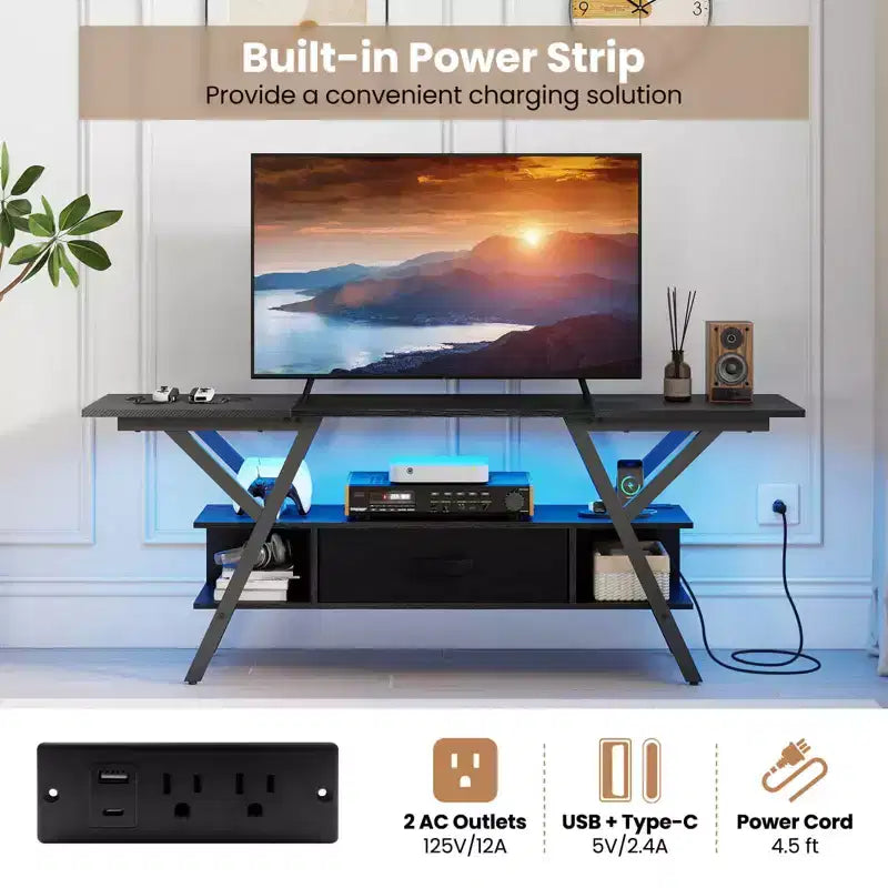 Mobile TV a 3 livelli con luci a LED e prese di corrente integrate – Adatto a TV fino a 65"
