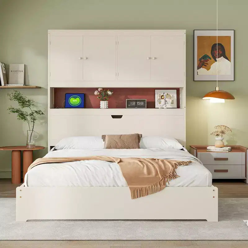 Struttura letto matrimoniale con cassetti contenitore e porte USB nella testiera