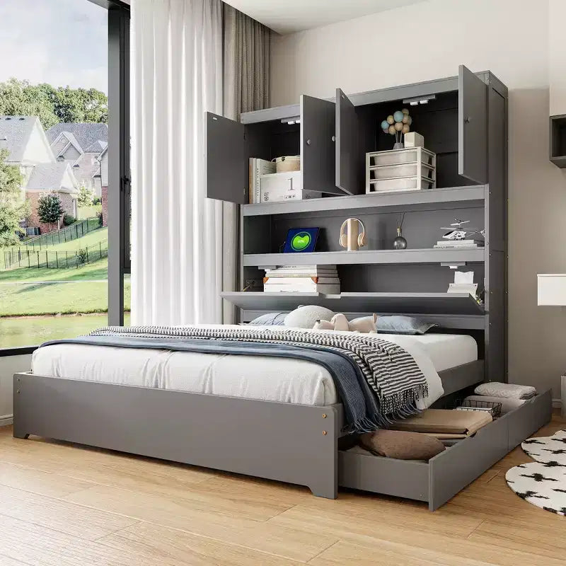 Struttura letto matrimoniale con cassetti contenitore e porte USB nella testiera