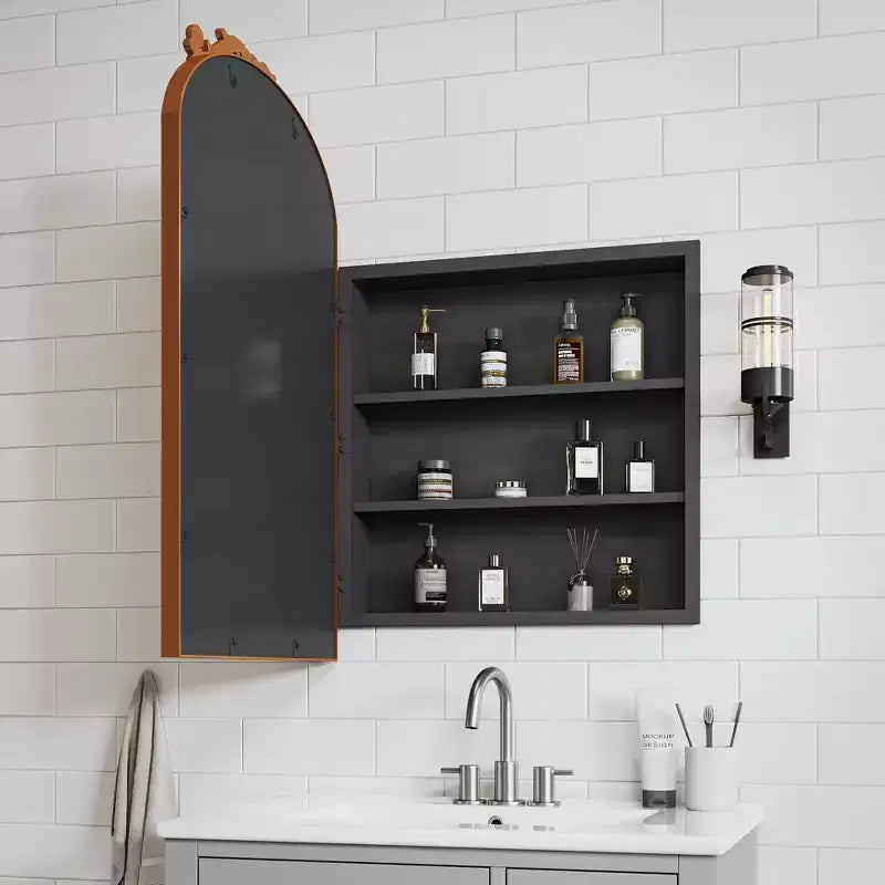 Mobiletto da bagno ad arco con specchio e contenitore