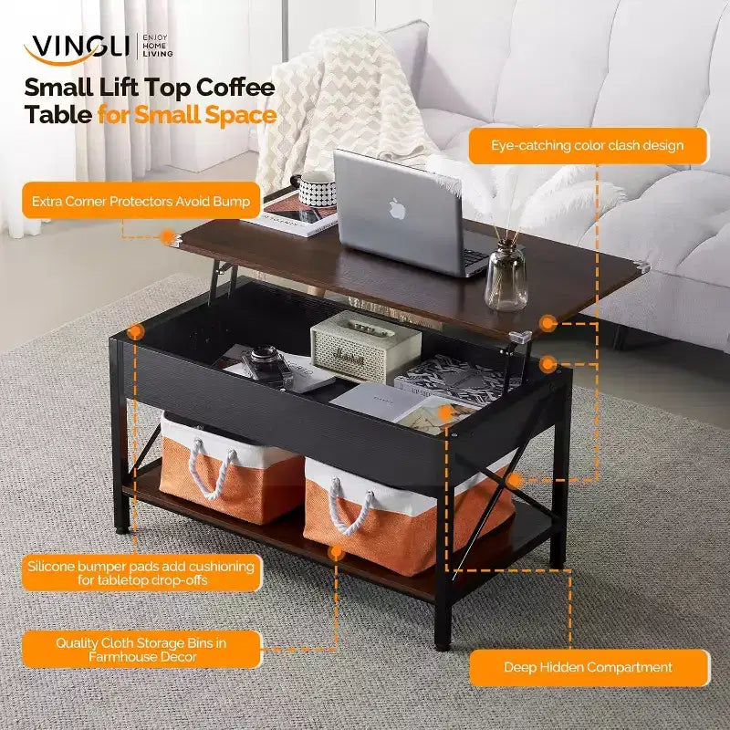 Tavolino da caffè sollevabile con contenitori portaoggetti