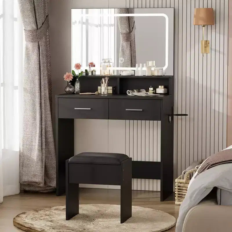 Vanity Set with 3-Color Adjustable LED Mirror, Small Makeup Desk with Power Outlet and 2 Drawers, Dressing Table and Cushion Stool Set for Bedroom