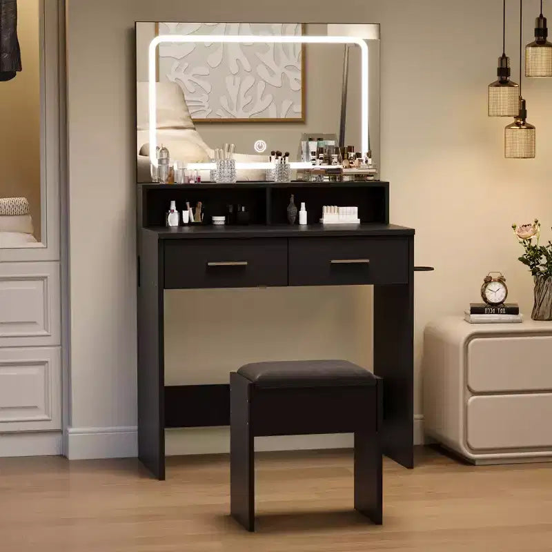 Scrivania da trucco con LED, specchio regolabile, prese di corrente, 2 cassetti e sgabello imbottito