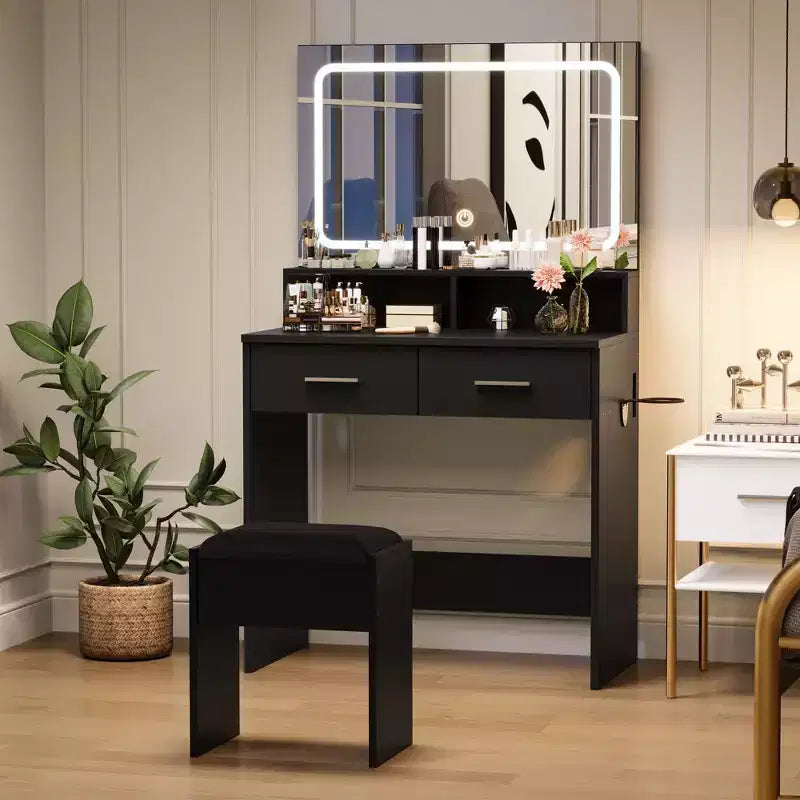 Scrivania da trucco con LED, specchio regolabile, prese di corrente, 2 cassetti e sgabello imbottito