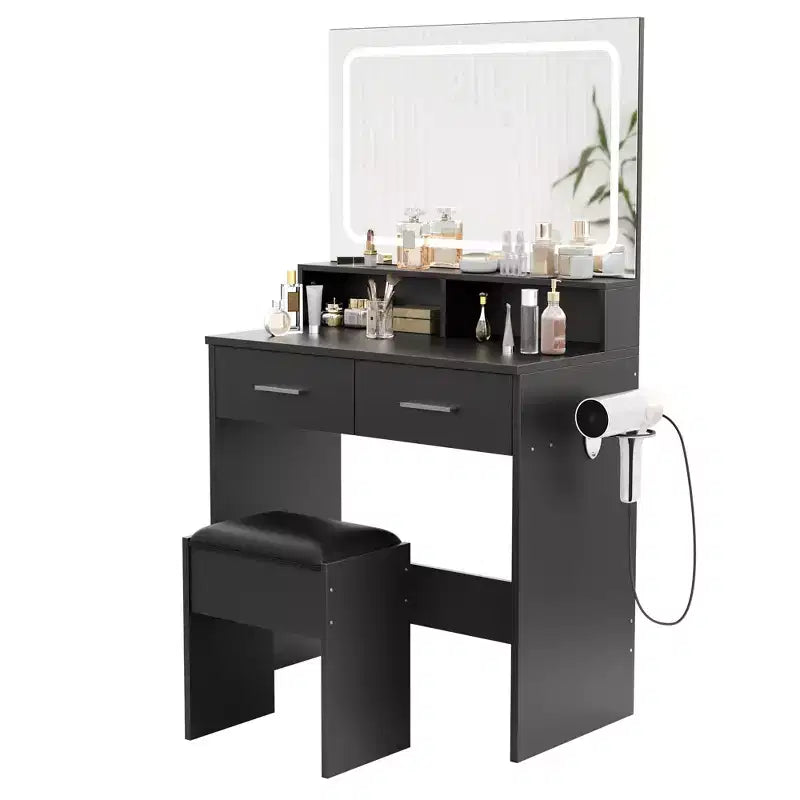 Scrivania da trucco con LED, specchio regolabile, prese di corrente, 2 cassetti e sgabello imbottito