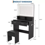 Scrivania da trucco con LED, specchio regolabile, prese di corrente, 2 cassetti e sgabello imbottito