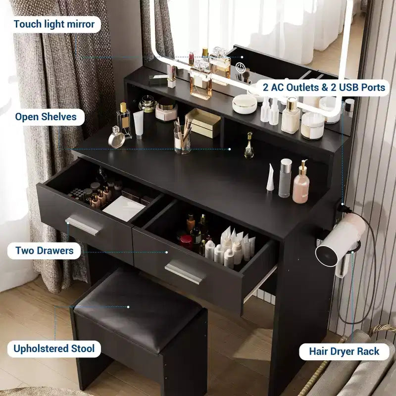 Scrivania da trucco con LED, specchio regolabile, prese di corrente, 2 cassetti e sgabello imbottito