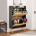 Concealed shoe cabinet with two foldable wicker drawers, suitable for hallways or corridors, accommodating 12-15 pairs of shoes.