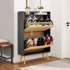 Concealed shoe cabinet with two foldable wicker drawers, suitable for hallways or corridors, accommodating 12-15 pairs of shoes.