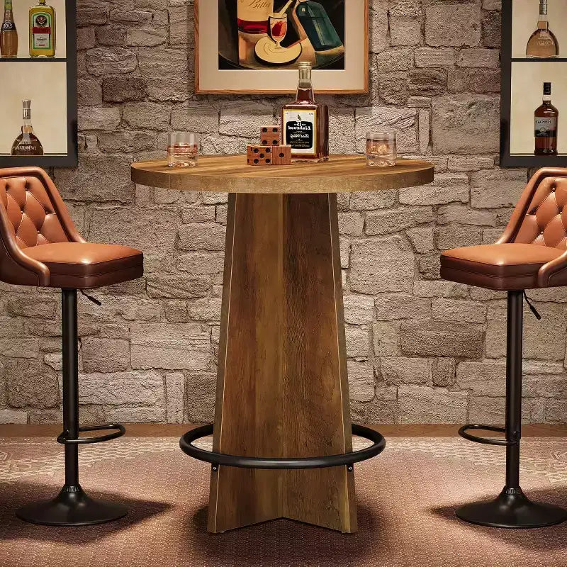Lantine Round Bar Table, 37.4'' Wooden Bistro Pub Table with Base and Metal Ring Footrest for Cafe, Home, Small Space, Only Table