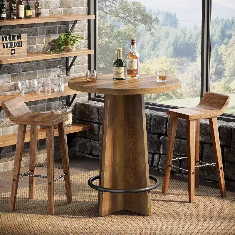 Tavolo Bar Rotondo – Tavolo da Bistrot/Pub in Legno da 95 cm con Poggiapiedi ad Anello in Metallo
