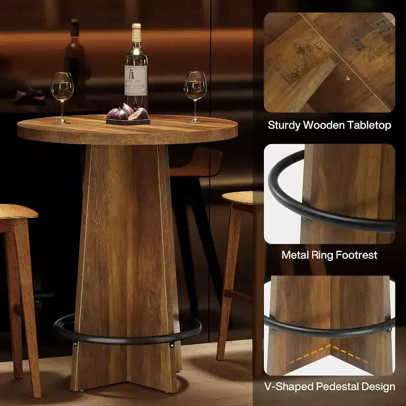 Tavolo Bar Rotondo – Tavolo da Bistrot/Pub in Legno da 95 cm con Poggiapiedi ad Anello in Metallo