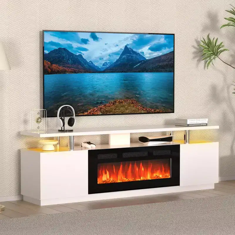 70 Fireplace TV Stand with 36 Electric Fireplace and LED Light,Electric Fireplace Heater, Storage Cabinet, Media Console Table for Living Room