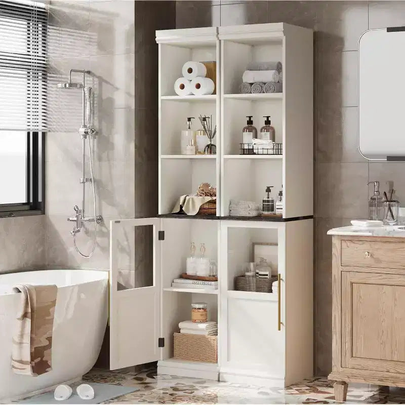 Mobiletto portaoggetti alto e stretto con anta in vetro e ripiani aperti