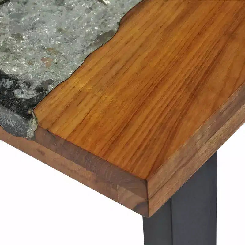 Consolle in legno di teak con intarsio in vetro e resina